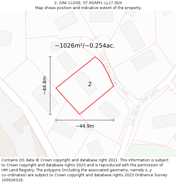 2, OAK CLOSE, ST ASAPH, LL17 0DX: Plot and title map