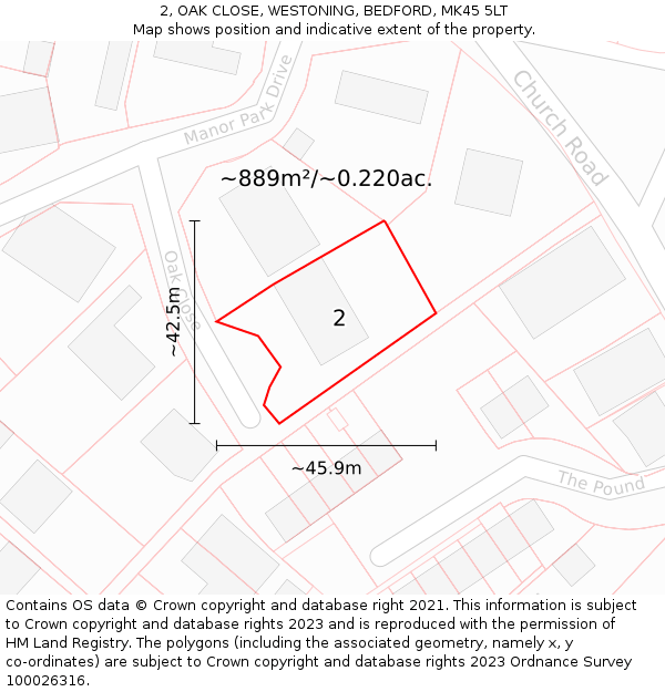 2, OAK CLOSE, WESTONING, BEDFORD, MK45 5LT: Plot and title map