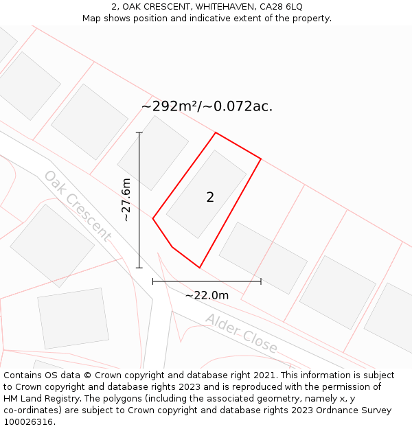 2, OAK CRESCENT, WHITEHAVEN, CA28 6LQ: Plot and title map