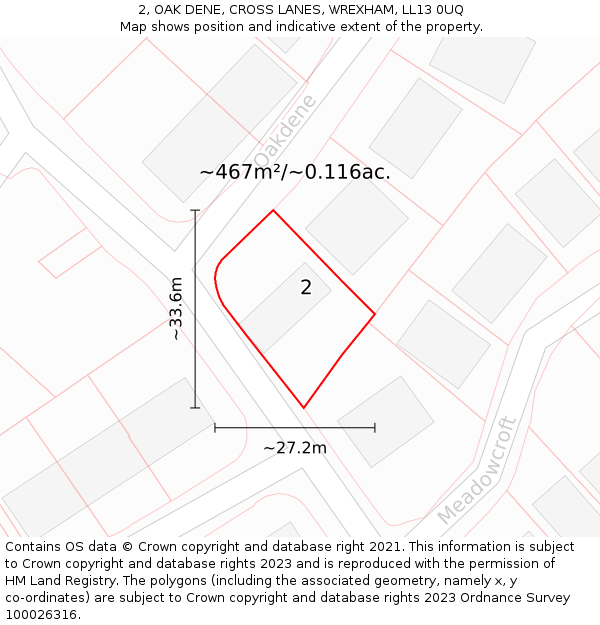 2, OAK DENE, CROSS LANES, WREXHAM, LL13 0UQ: Plot and title map