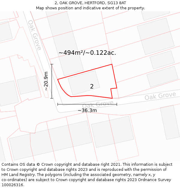 2, OAK GROVE, HERTFORD, SG13 8AT: Plot and title map