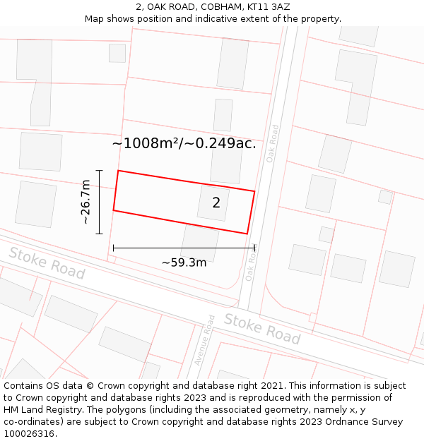 2, OAK ROAD, COBHAM, KT11 3AZ: Plot and title map