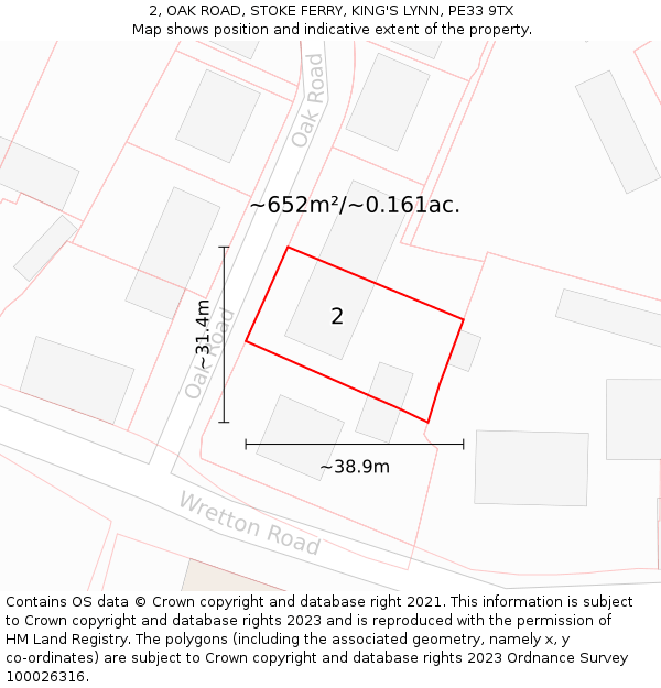 2, OAK ROAD, STOKE FERRY, KING'S LYNN, PE33 9TX: Plot and title map