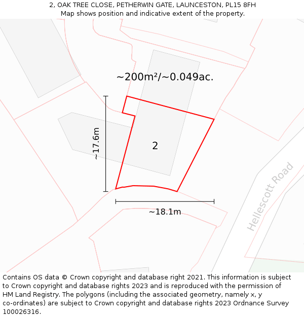 2, OAK TREE CLOSE, PETHERWIN GATE, LAUNCESTON, PL15 8FH: Plot and title map