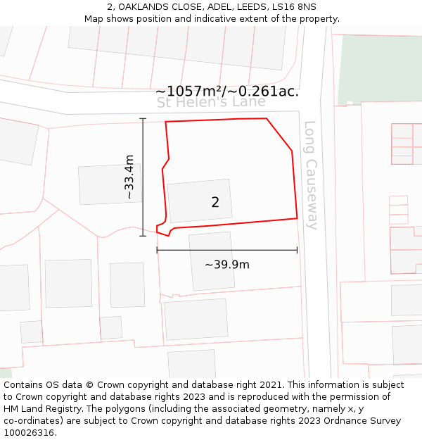 2, OAKLANDS CLOSE, ADEL, LEEDS, LS16 8NS: Plot and title map