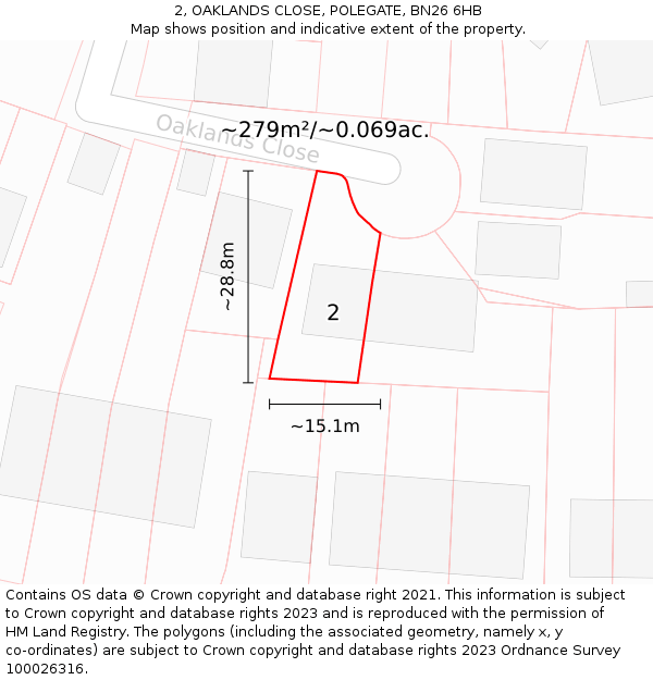 2, OAKLANDS CLOSE, POLEGATE, BN26 6HB: Plot and title map