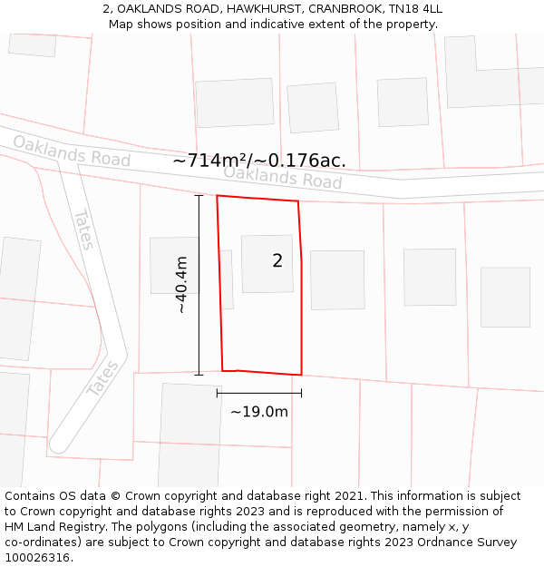 2, OAKLANDS ROAD, HAWKHURST, CRANBROOK, TN18 4LL: Plot and title map