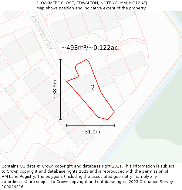 2, OAKMERE CLOSE, EDWALTON, NOTTINGHAM, NG12 4FJ: Plot and title map