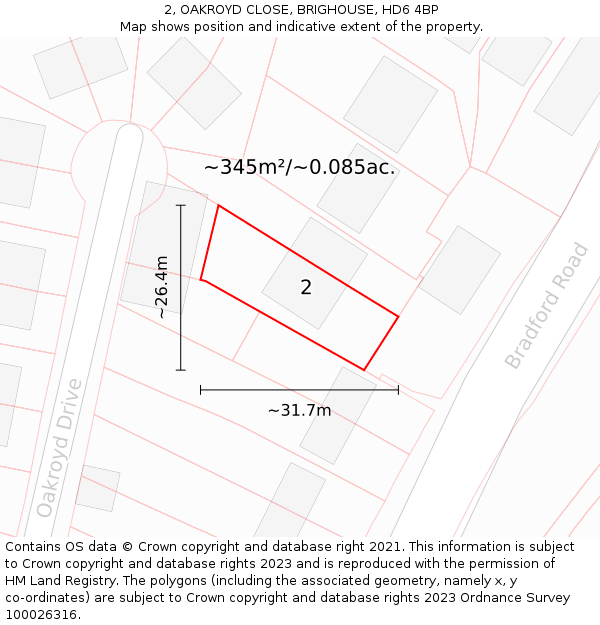 2, OAKROYD CLOSE, BRIGHOUSE, HD6 4BP: Plot and title map