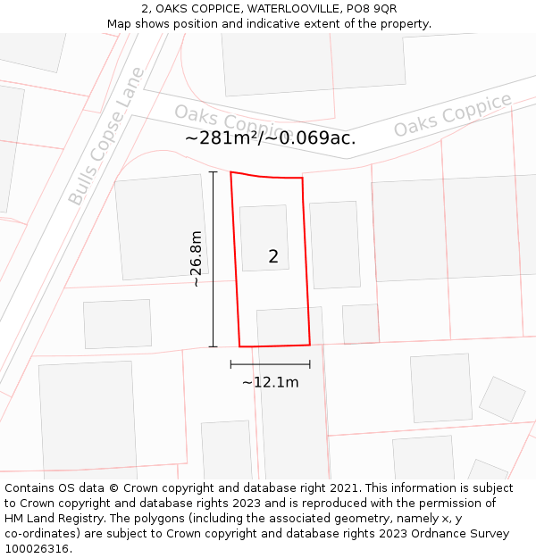 2, OAKS COPPICE, WATERLOOVILLE, PO8 9QR: Plot and title map