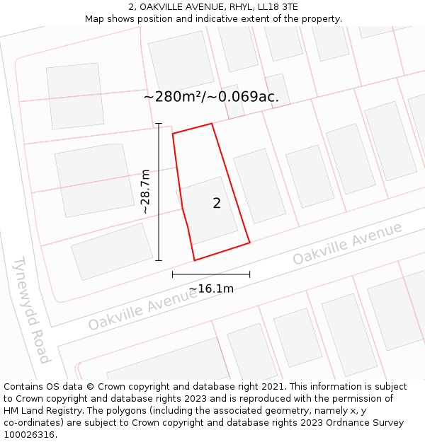 2, OAKVILLE AVENUE, RHYL, LL18 3TE: Plot and title map