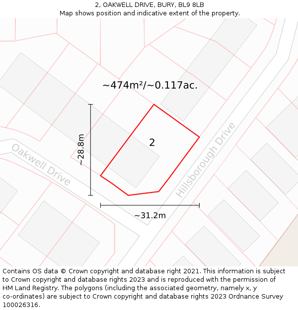 2, OAKWELL DRIVE, BURY, BL9 8LB: Plot and title map