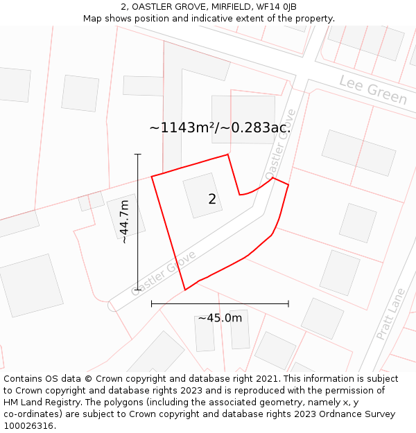 2, OASTLER GROVE, MIRFIELD, WF14 0JB: Plot and title map