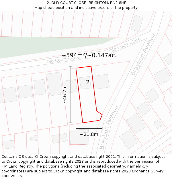 2, OLD COURT CLOSE, BRIGHTON, BN1 8HF: Plot and title map