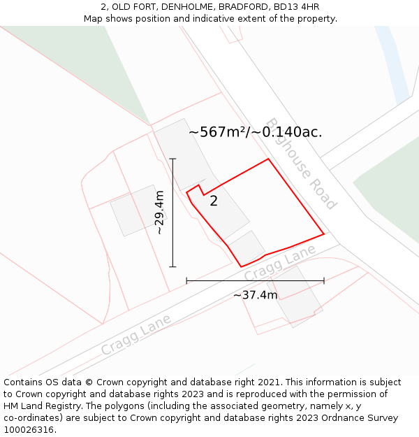 2, OLD FORT, DENHOLME, BRADFORD, BD13 4HR: Plot and title map