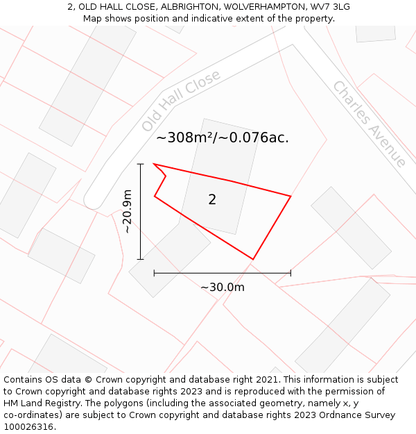 2, OLD HALL CLOSE, ALBRIGHTON, WOLVERHAMPTON, WV7 3LG: Plot and title map