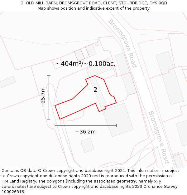 2, OLD MILL BARN, BROMSGROVE ROAD, CLENT, STOURBRIDGE, DY9 9QB: Plot and title map