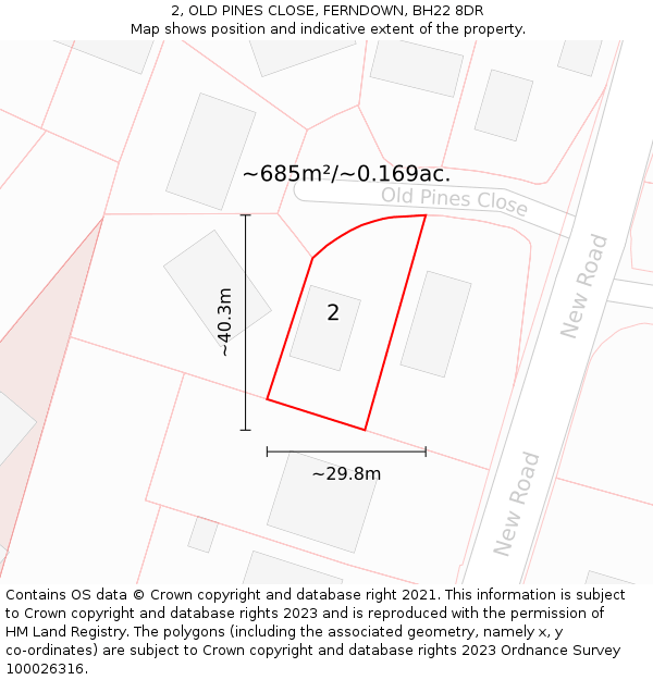 2, OLD PINES CLOSE, FERNDOWN, BH22 8DR: Plot and title map