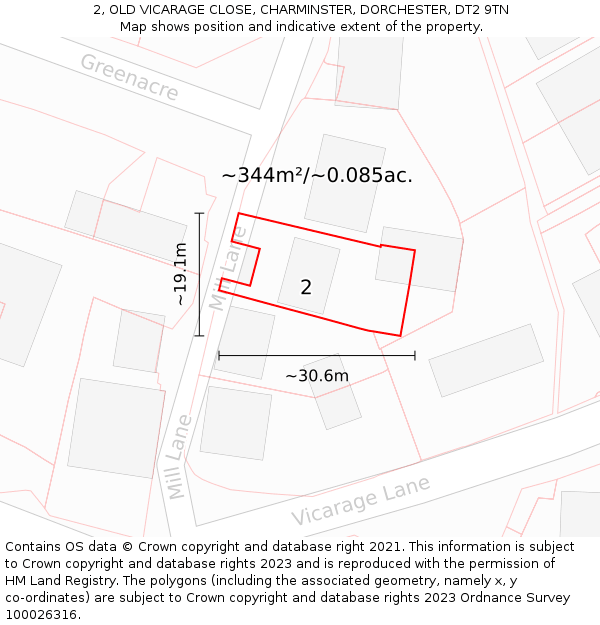 2, OLD VICARAGE CLOSE, CHARMINSTER, DORCHESTER, DT2 9TN: Plot and title map