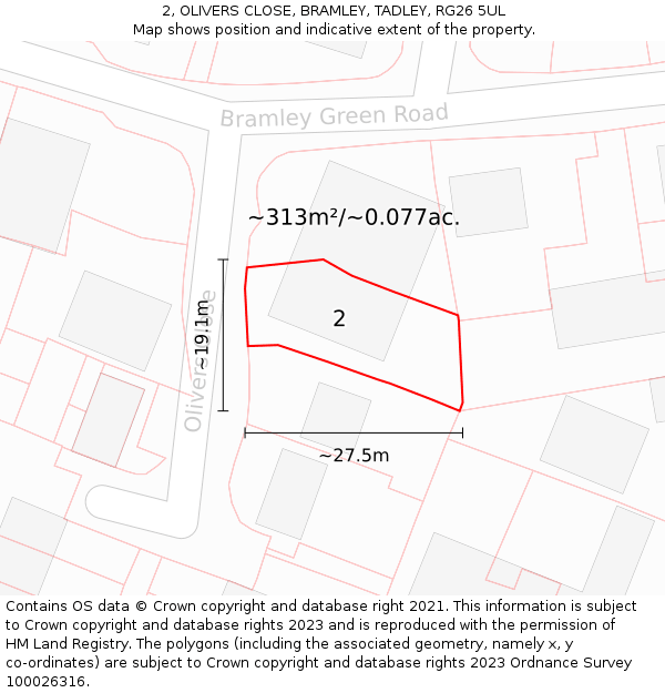 2, OLIVERS CLOSE, BRAMLEY, TADLEY, RG26 5UL: Plot and title map