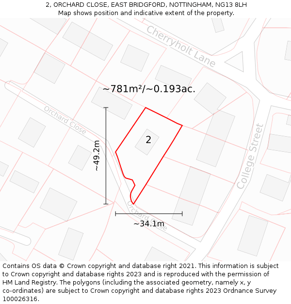 2, ORCHARD CLOSE, EAST BRIDGFORD, NOTTINGHAM, NG13 8LH: Plot and title map