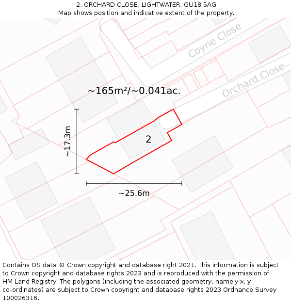 2, ORCHARD CLOSE, LIGHTWATER, GU18 5AG: Plot and title map