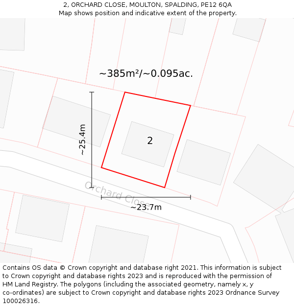 2, ORCHARD CLOSE, MOULTON, SPALDING, PE12 6QA: Plot and title map