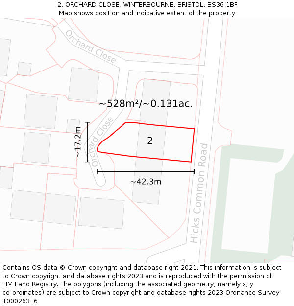 2, ORCHARD CLOSE, WINTERBOURNE, BRISTOL, BS36 1BF: Plot and title map