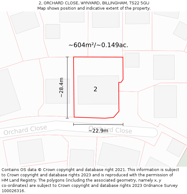 2, ORCHARD CLOSE, WYNYARD, BILLINGHAM, TS22 5GU: Plot and title map