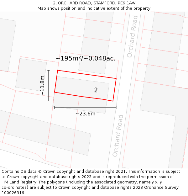 2, ORCHARD ROAD, STAMFORD, PE9 1AW: Plot and title map