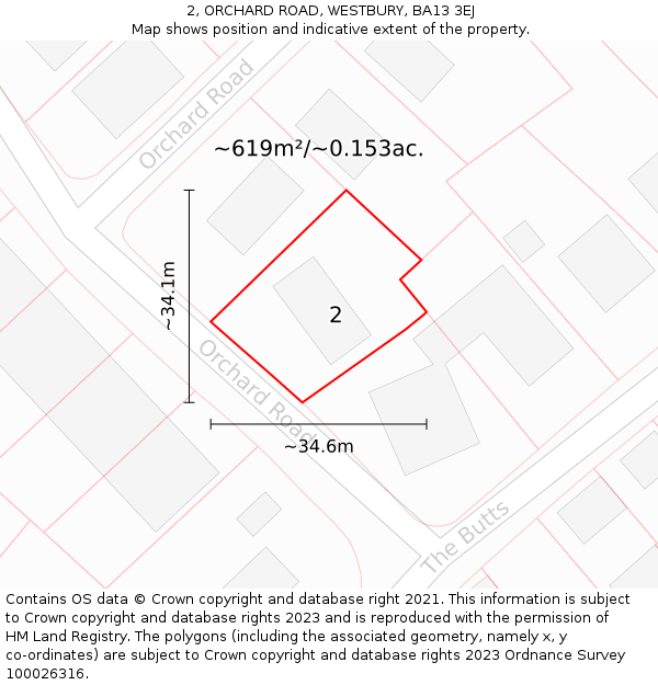 2, ORCHARD ROAD, WESTBURY, BA13 3EJ: Plot and title map