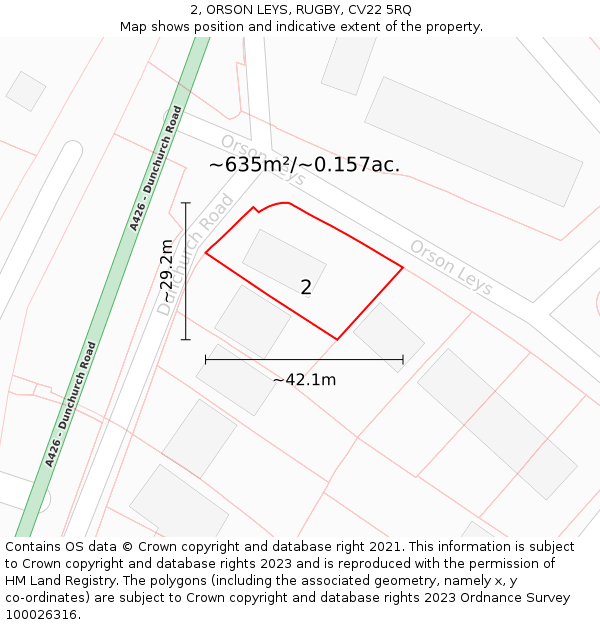 2, ORSON LEYS, RUGBY, CV22 5RQ: Plot and title map