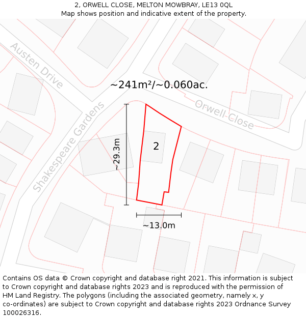 2, ORWELL CLOSE, MELTON MOWBRAY, LE13 0QL: Plot and title map