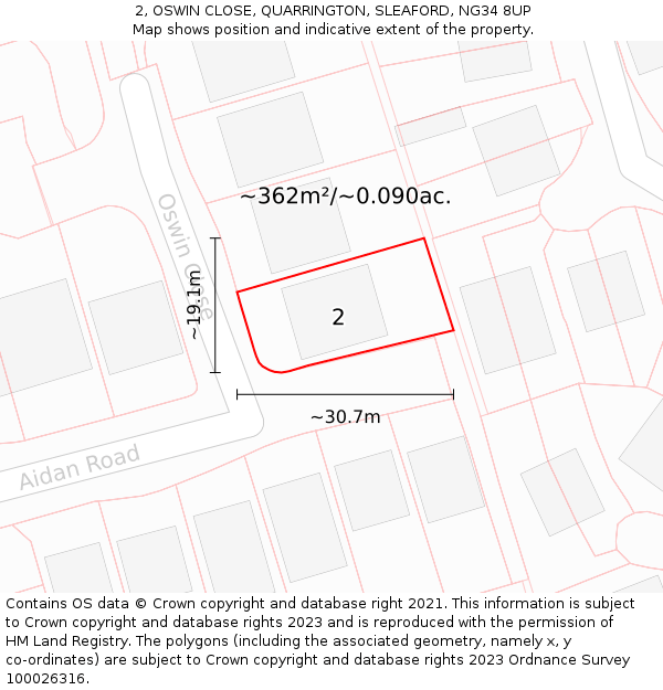 2, OSWIN CLOSE, QUARRINGTON, SLEAFORD, NG34 8UP: Plot and title map