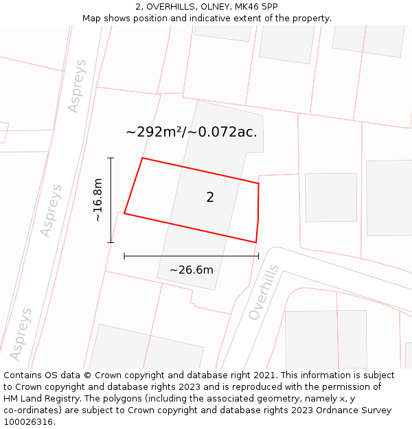 2, OVERHILLS, OLNEY, MK46 5PP: Plot and title map