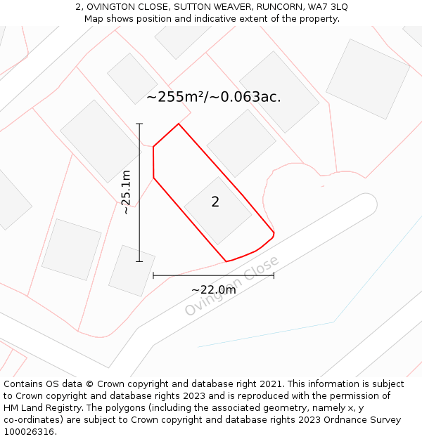 2, OVINGTON CLOSE, SUTTON WEAVER, RUNCORN, WA7 3LQ: Plot and title map