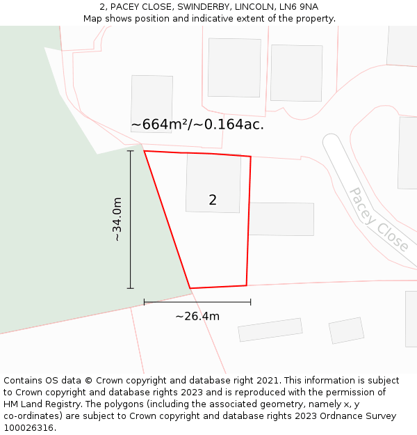 2, PACEY CLOSE, SWINDERBY, LINCOLN, LN6 9NA: Plot and title map