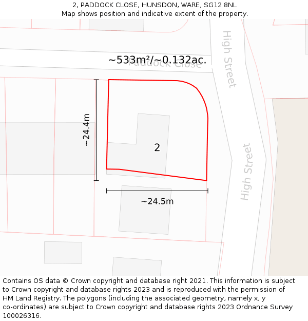 2, PADDOCK CLOSE, HUNSDON, WARE, SG12 8NL: Plot and title map