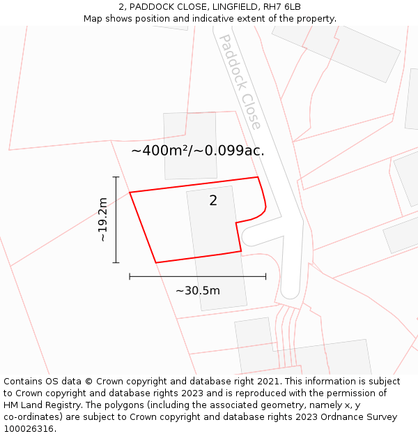 2, PADDOCK CLOSE, LINGFIELD, RH7 6LB: Plot and title map