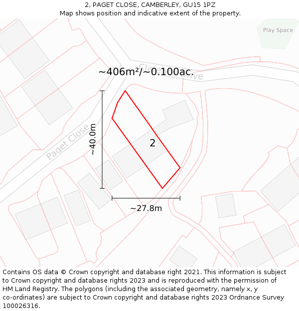 2, PAGET CLOSE, CAMBERLEY, GU15 1PZ: Plot and title map