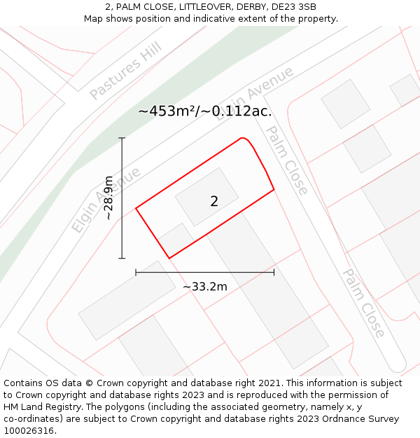 2, PALM CLOSE, LITTLEOVER, DERBY, DE23 3SB: Plot and title map