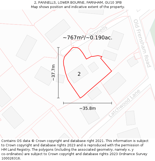 2, PANNELLS, LOWER BOURNE, FARNHAM, GU10 3PB: Plot and title map