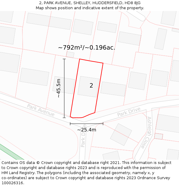 2, PARK AVENUE, SHELLEY, HUDDERSFIELD, HD8 8JG: Plot and title map