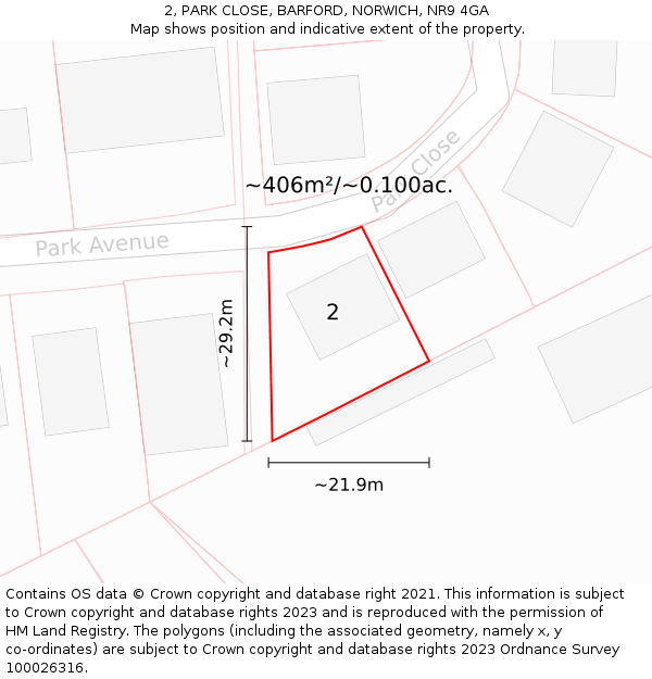 2, PARK CLOSE, BARFORD, NORWICH, NR9 4GA: Plot and title map