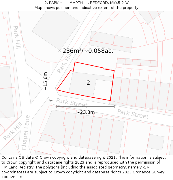 2, PARK HILL, AMPTHILL, BEDFORD, MK45 2LW: Plot and title map