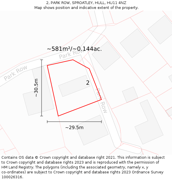 2, PARK ROW, SPROATLEY, HULL, HU11 4NZ: Plot and title map
