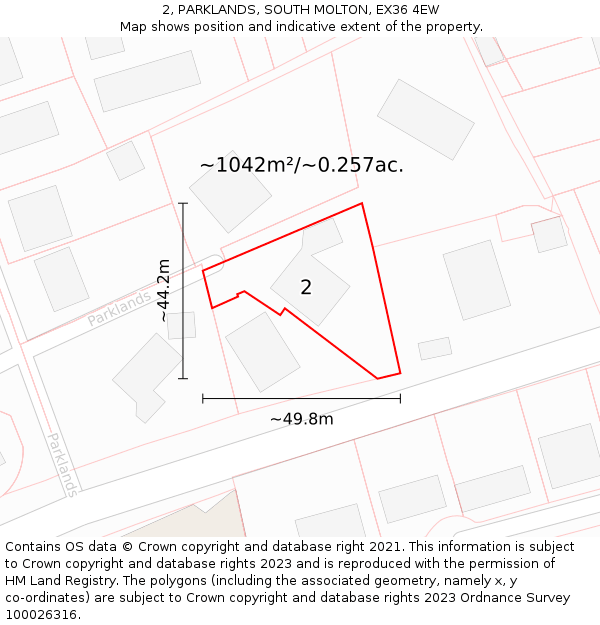 2, PARKLANDS, SOUTH MOLTON, EX36 4EW: Plot and title map