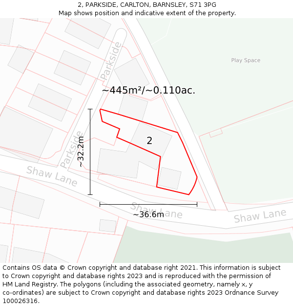 2, PARKSIDE, CARLTON, BARNSLEY, S71 3PG: Plot and title map