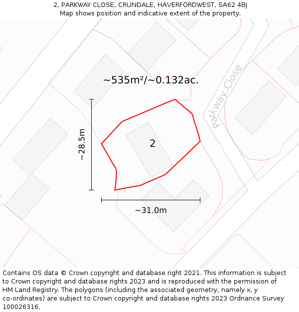 2, PARKWAY CLOSE, CRUNDALE, HAVERFORDWEST, SA62 4BJ: Plot and title map