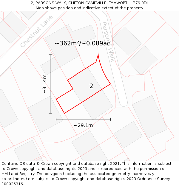 2, PARSONS WALK, CLIFTON CAMPVILLE, TAMWORTH, B79 0DL: Plot and title map